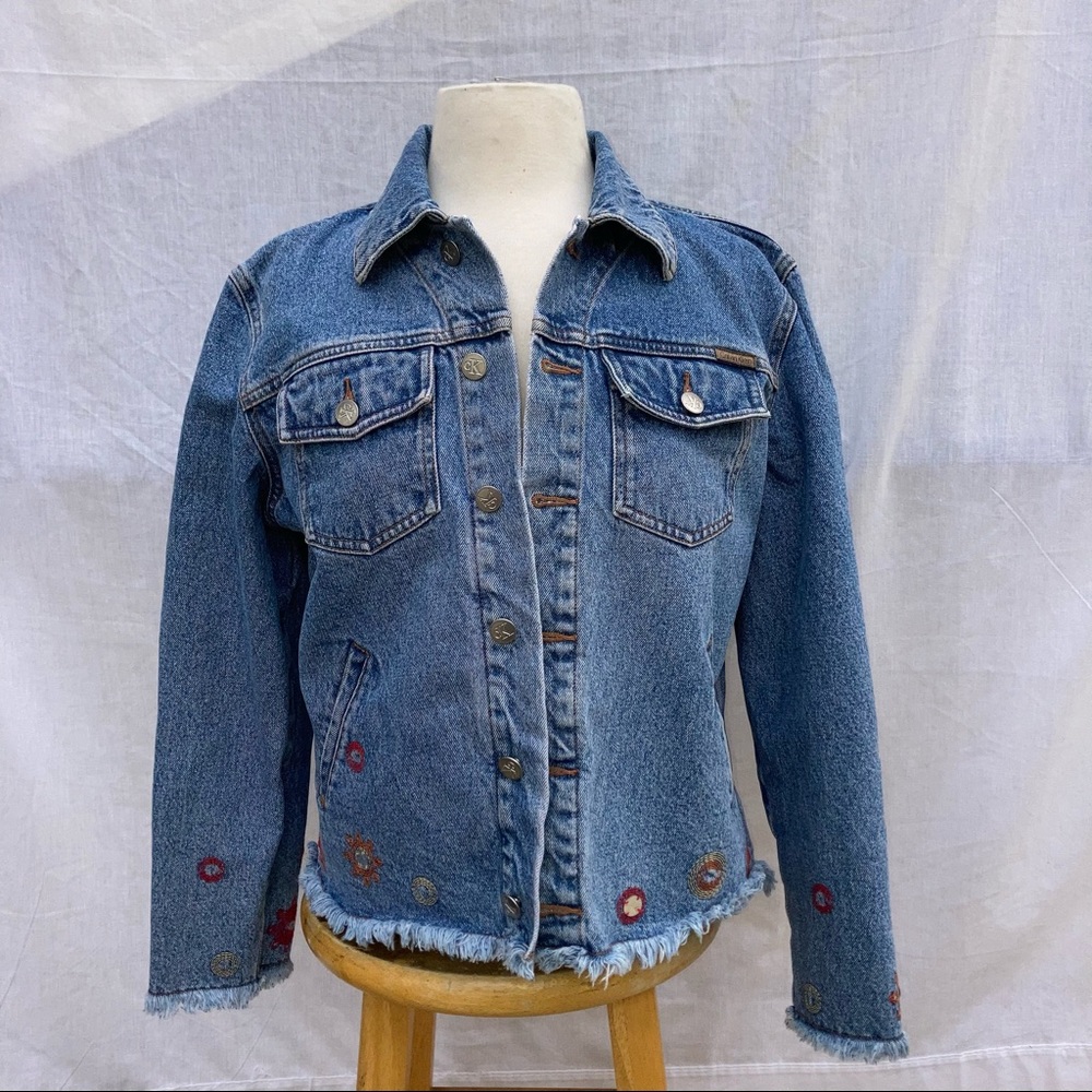 CALVIN KLEIN JEANS Denim Jean Jacket with Red Orange Embroider 100% Cotton